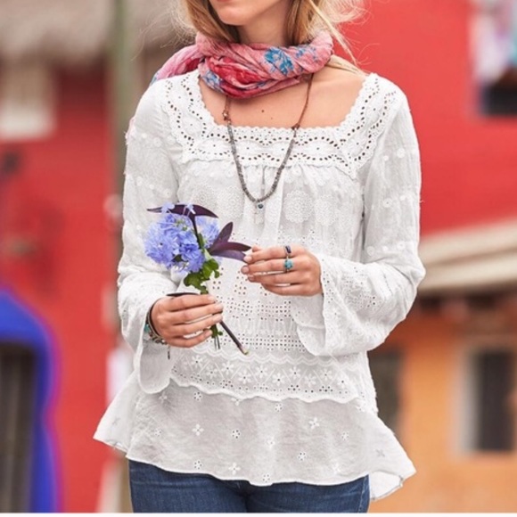 Sundance Tops - Sundance white boho crochet lace bell sleeve square neck blouse